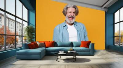 cheerful elderly gray-haired mustache bearded man in casual blue shirt posing isolated on yellow bac Wall mural