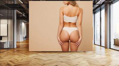 Cropped back rear view young nice lady woman with slim body perfect skin wearing nude top bra lingerie stand hold hands on thighs isolated on plain pastel beige background. Lifestyle diet fit concept. Wall mural