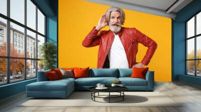 Curious elderly gray-haired mustache bearded man in red leather jacket posing isolated on yellow orange background. People lifestyle concept. Mock up copy space. Try to hear you with hand near ear. Wall mural