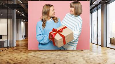 Elder happy parent mom 50s years old young adult daughter two women together wear blue casual clothes hold present box with gift ribbon bow isolated on plain light pink background. Family day concept. Wall mural