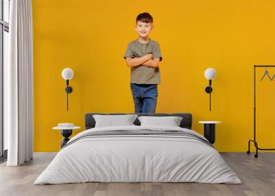 Full body little small smiling happy boy 6-7 years old wearing green t-shirt hod hands crossed folded look camera isolated on plain yellow background studio Mother's Day love family lifestyle concept. Wall mural