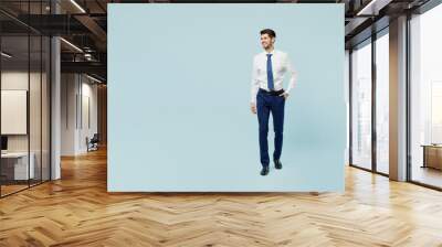 Full body smiling happy fun young employee IT business man corporate lawyer wear classic formal shirt tie work in office looking aside isolated on plain pastel light blue background studio portrait. Wall mural