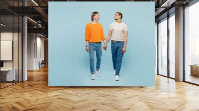 Full body young couple two gay men wear casual clothes together walk go hold hands look to each other isolated on plain blue color background studio portrait. Pride day june month love LGBTQ concept. Wall mural