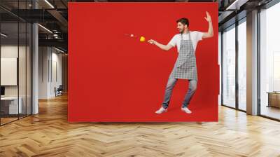 Full body young happy male housewife housekeeper chef cook baker man wearing grey apron hold vegetables on skewer play pov fight fencing isolated on plain red background studio Cooking food concept Wall mural