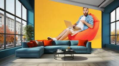 Full body young smiling fun happy man wear blue shirt white t-shirt sit in bag chair hold use work on laptop pc computer isolated on plain yellow background studio portrait. People lifestyle concept Wall mural