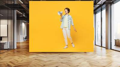 Full body young surprised woman she wear green t-shirt denim shirt casual clothes hold in hand megaphone scream announces discounts sale Hurry up isolated on plain yellow background studio portrait. Wall mural