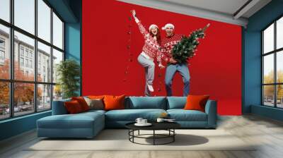 Full size fun happy young couple friends two man woman 20s in sweater hat hold fir-tree garland isolated on plain red background studio. Happy New Year 2022 celebration merry ho x-mas holiday concept. Wall mural