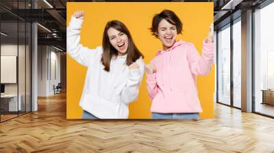 Happy joyful two young women friends 20s wearing casual white pink hoodies doing winner gesture celebrating clenching fists say yes isolated on bright yellow color wall background studio portrait. Wall mural