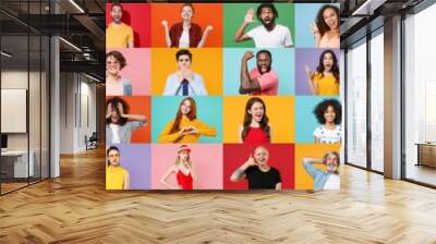 Photo set collage of faces of multiethnic diverse emotional people, men and women group different ages wearing casual clothes isolated on colorful background studio portraits. Human facial expressions Wall mural