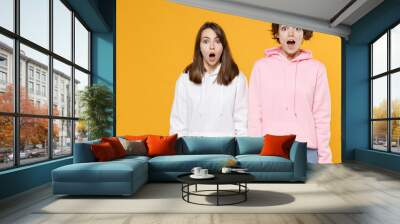 Shocked amazed surprised excited two young women friends 20s wearing casual white pink hoodies standing keeping mouth open looking camera isolated on bright yellow color background studio portrait. Wall mural