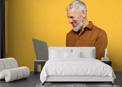 Smart smiling amazing elderly gray-haired bearded man 40s years old wears brown shirt hold use work on laptop pc computer typing texting searching isolated on plain yellow background studio portrait. Wall mural