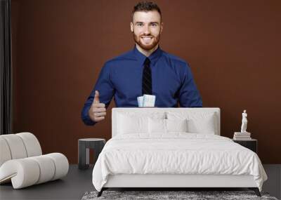 Smiling bearded young traveler tourist business man in blue shirt tie hold passport tickets showing thumb up isolated on brown background studio portrait. Achievement career wealth business concept. Wall mural