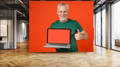 Smiling elderly gray-haired mustache bearded man in basic green t-shirt standing hold laptop pc computer with blank empty screen showing thumb up isolated on orange color background studio portrait. Wall mural