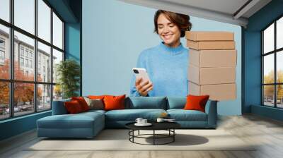 Young happy caucasian woman wear knitted sweater hold stack cardboard blank boxes use mobile cell phone isolated on plain pastel light blue cyan background studio portrait. People lifestyle concept. Wall mural