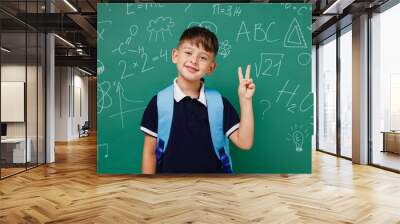 Young happy male kid school boy 5-6 years old in t-shirt backpack showing victory sign isolated on green wall chalk blackboard background studio. Childhood children kids education lifestyle concept Wall mural