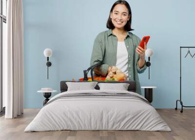 Young satisfied happy fun woman in casual clothes hold red basket with food products use mobile cell phone isolated on plain blue background studio portrait. Delivery service from shop or restaurant Wall mural