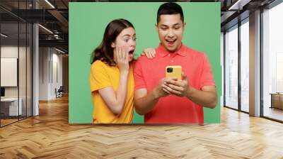 Young surprised amazed fun couple two friends family man woman wear basic t-shirt together hold in hand use look at mobile cell phone peek isolated on pastel plain light green color background studio Wall mural