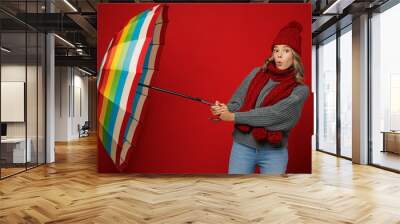 Young woman wears grey sweater scarf hat hold opened colorful umbrella look camera isolated on plain red background studio portrait. Healthy lifestyle ill sick disease treatment cold season concept. Wall mural