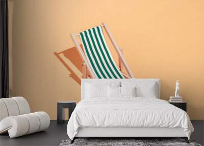 Sandy beach with sunbed. Minimal concept of summer and vacation in the tropics by the sea. Trendy collage on pastel yellow background.Creative art minimal aesthetic Wall mural