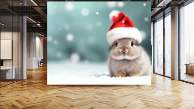 Winter Portrait of a little baby bunny with Santa's hat, rabbit on a white and snowy landscape, symbol of holidays and children's happiness, Christmas and New Year. Space for writing Wall mural