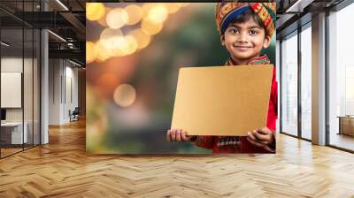 A cheerful young boy dressed for a festival holds a gold-colored blank cardboard Wall mural