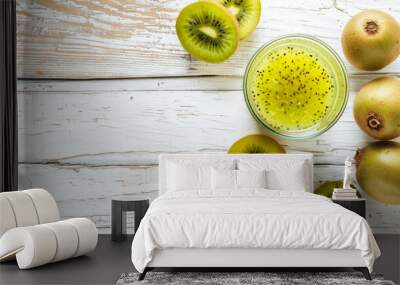 Top view kiwi juice glass on white wood background Wall mural