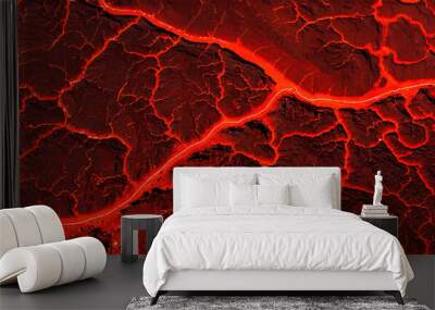 Close-up of fiery red lava like texture with vibrant orange channels. Intense crimson and scarlet hues dominate the molten landscape, rivulets ablaze. Wall mural