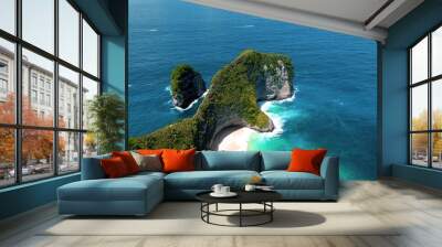 Epic mountain landscape and turquoise sea waves on tropical sandy beach. Pristine nature, dense green forest on cliff. Wall mural