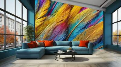 Vibrant and colorful feathers arranged in a tight, overlapping pattern, carnival festivities and costumes. The detailed texture and iridescence, spirit and dynamic atmosphere of a carnival parade. Wall mural