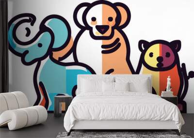 A group of animals elephant, dog and cat with different colors illustration, icon and logo Wall mural