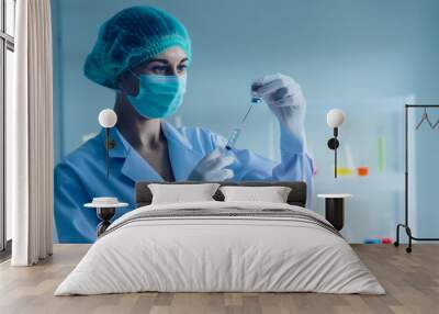 doctor with syringe. Doctor filling syringe with medication, closeup. Vaccination and immunization Wall mural