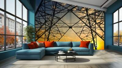 High voltage electrical pole for electricity  with sky sunset background Wall mural