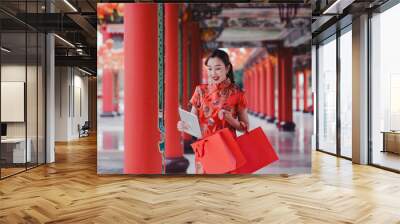 Portrait beautiful  woman in chines dress. woman in red dress. woman in red dress in Chinese  temple  Wall mural