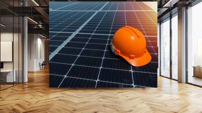 Solar panel concept on sky background. Orang helmet safety Wall mural