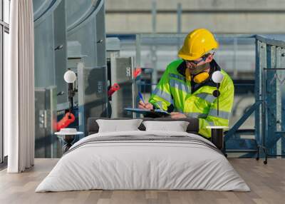 worker check and open valve of cooling tower on top. worker record  on cooling Tower. Wall mural