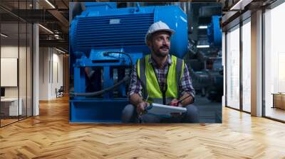 worker on motor  background.  worker  in plant.  Wall mural