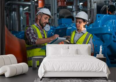 workers in factory. Two worker discuss job in plant room. worker co-worker on water pump on background. Wall mural