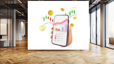 3D Cartoon hand holding smartphone using crypto trading graph symbol, investment stock market, 3D rendering illustration Wall mural