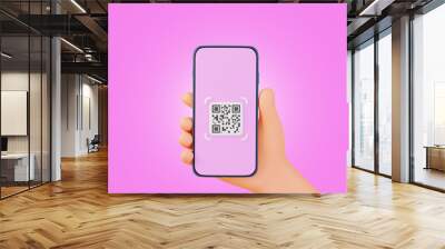 Cartoon holding smartphone for QR code scanning icon in smartphone, 3D render Wall mural