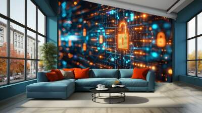 Cyber security concept with padlock on circuit board. 3D Rendering Wall mural