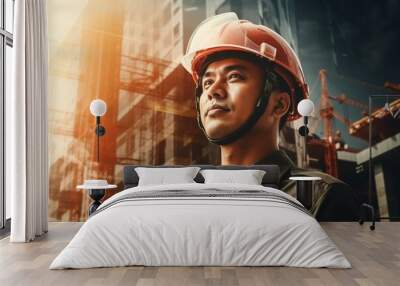 Double exposure of Engineer or architect on construction site with building background. Wall mural