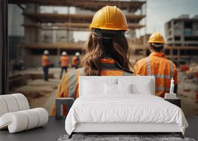 Rear view of engineer looking at construction site with building under construction Wall mural