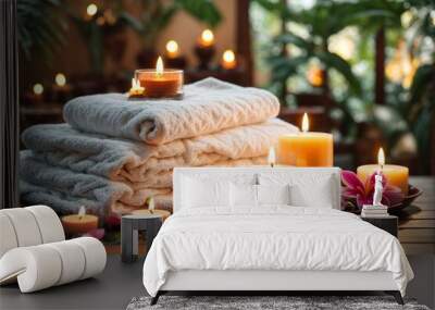 Spa composition with sea salt, candles and towels on light background Wall mural