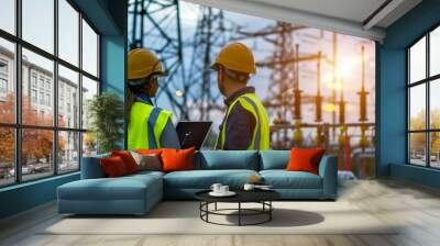 Two electrical engineers are using laptop computers standing at a power plant. Wall mural