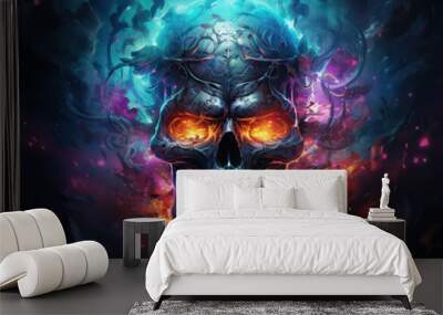 Psychedelic Colorful Skull Painting, Generative AI Wall mural