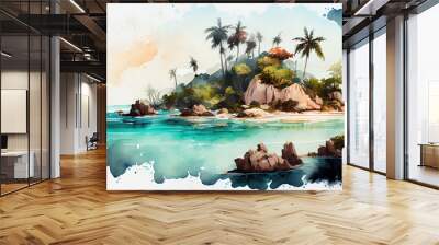 Tropical paradise landscape, watercolor painting, Generative ai Wall mural