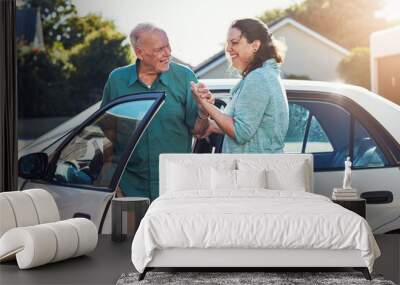 Car, help and caregiver woman with old man for assisted living, retirement care and rehabilitation. Travel, transportation and female helping elderly male person from motor vehicle for health service Wall mural