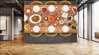 Dinner, event and top view of Christmas lunch with food on a table from above of a home dining room for celebration. Chicken, party and holiday or vacation vegetables, meat and salad for a birthday Wall mural