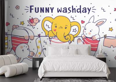 Funny washday concept with cute baby animals: bunnies and elephant. Isolated cartoon print, characters and underwear drying on clothesline. Used for t shirt. Fun doodle style vector print. Wall mural