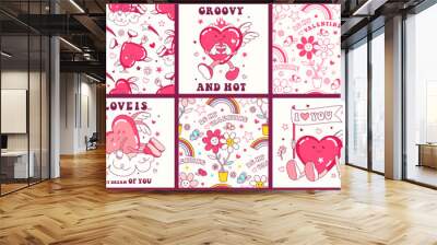 Groovy lovely square poster, seamless pattern, stickers with kawaii hearts. Retro print with greeting slogan. Character love concepts, Happy Valentine's day card with fun hippie valentine symbol. Wall mural